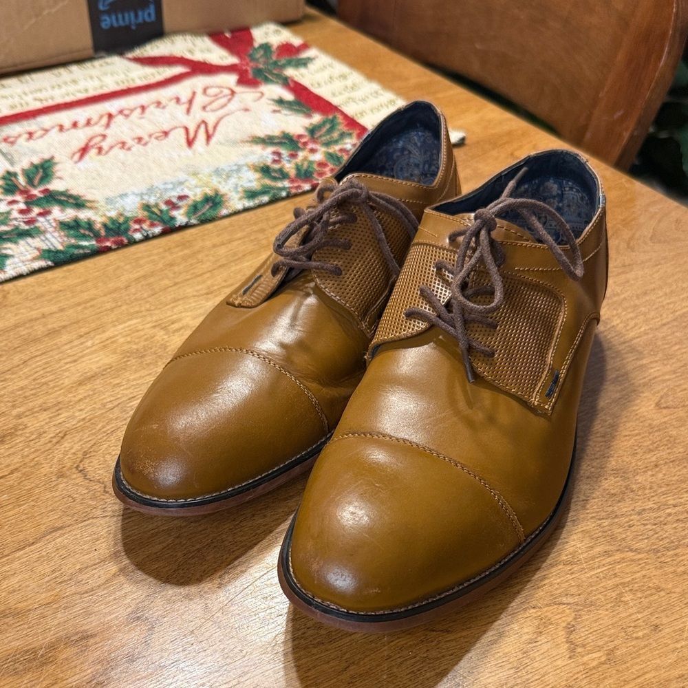 Steve Madden P-Eratic Mens Tan Brown Leather Lace Up Cap Toe Oxfords Shoes